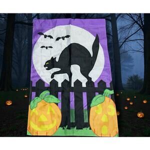 Halloween Yard Decor Flag Black Cat Pumpkin Outdoor Banner Collectible Vintage